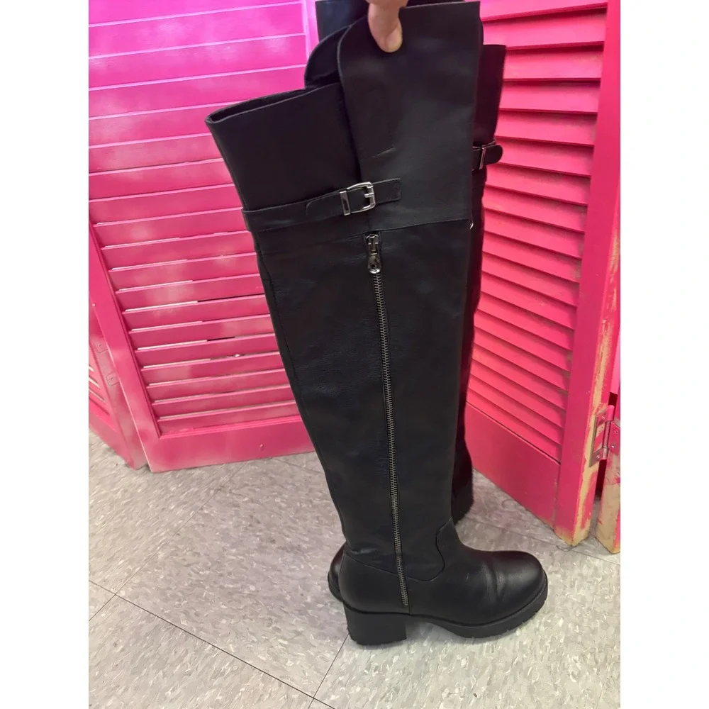 Tata Black Leather Over The Knee Boots Buckle Detail Low Block Heel Tall Boots